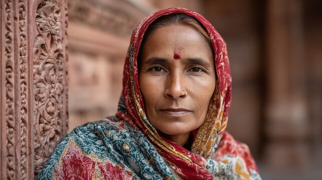 Close-up portrait of an Indian woman wearing a colorful patterned headscarf and bindi, standing outdoors beside carved stone architecture with soft natural light