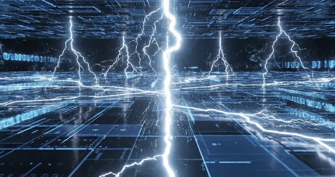 Futuristic digital landscape with glowing lines and lightning bolts illuminating a tech environment