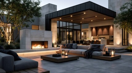 Fototapeta premium Modern outdoor patio with fireplace and lounge area