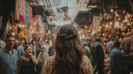 Obraz premium Rear view of a woman walking through a busy traditional bazaar with warm lights and blurred crowd, showcasing travel, culture, shopping, and urban street life