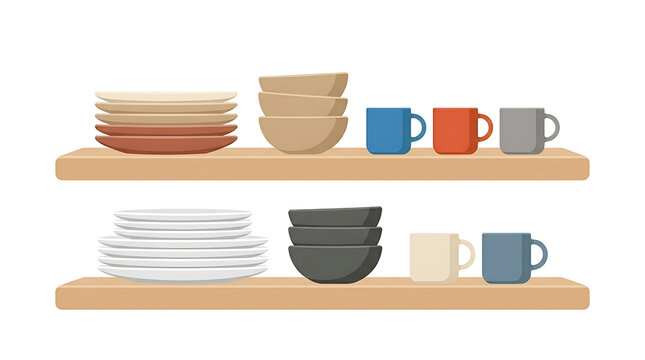 Kitchen dishes, plates, and mugs on shelves, ceramic tableware set, household items, dining essentials