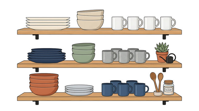 Kitchen dishware, ceramic plates, bowls, cups on shelves, home decor, tableware