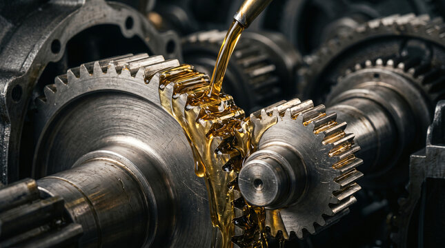 Machine oil pouring on industrial gear system for lubrication maintenance of heavy mechanical parts.