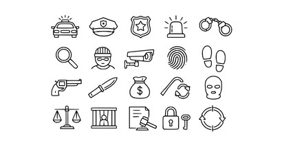 Crime and justice icons set with police car and handcuffs magnifying glass security camera money bag © MD JAHID
