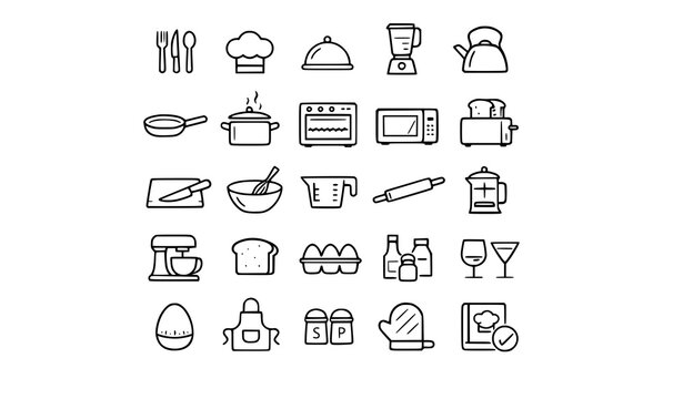 Assortment of kitchen and cooking icons appliances utensils ingredients vector illustration with chef hat