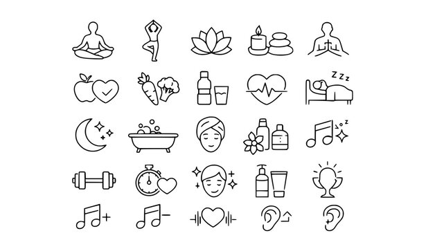 Line icons for health wellness relaxation self-care with water bottle music note line art wellness broccoli
