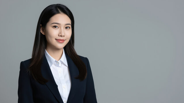 Asian Professional Woman in Business Attire: A confident young Asian woman, dressed in a sharp business suit and white shirt, looks directly at the camera with a gentle smile. Her long.