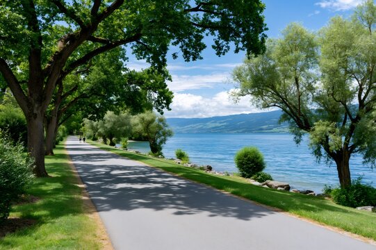 Lake Thun cycling path along tree-lined shore