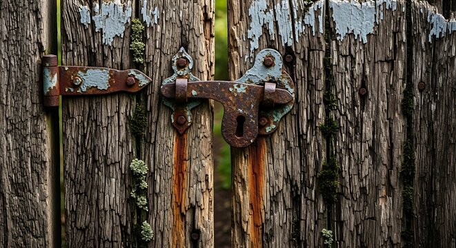 Weathered wooden gate with rusty metal hardware in close up view