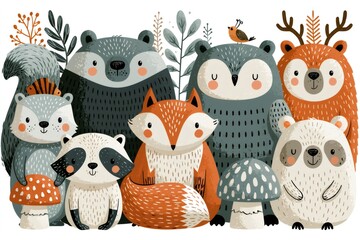 Fototapeta premium Woodland animals gathering, cute illustration for nursery art