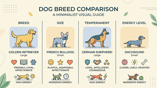 Dog breed sizes comparison chart infographic template, showing information on size temperament activity level lifespan and traits of popular puppies