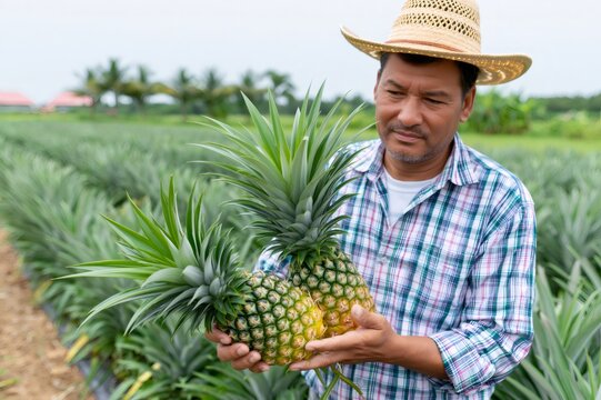 Farmer harvesting fresh ripe pineapple in tropical plantation