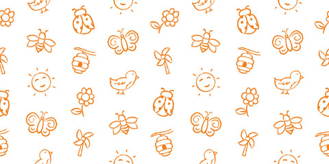 Spring nature seamless pattern, cute line art bugs bee ladybug bird butterfly flower beehive sun, repeating pattern for kids fabric textile wallpaper background © Ydzv Dsgn