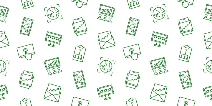 Business seamless pattern, digital marketing SEO financial growth data target global analytics line art icons, repeating pattern wallpaper background fabric