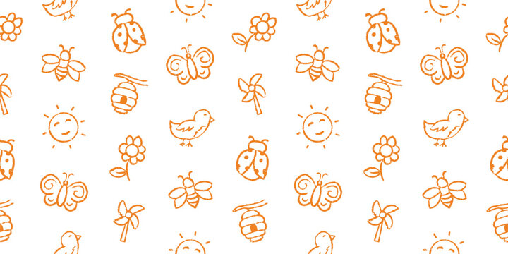 Spring nature seamless pattern, cute line art bugs bee ladybug bird butterfly flower beehive sun, repeating pattern for kids fabric textile wallpaper background