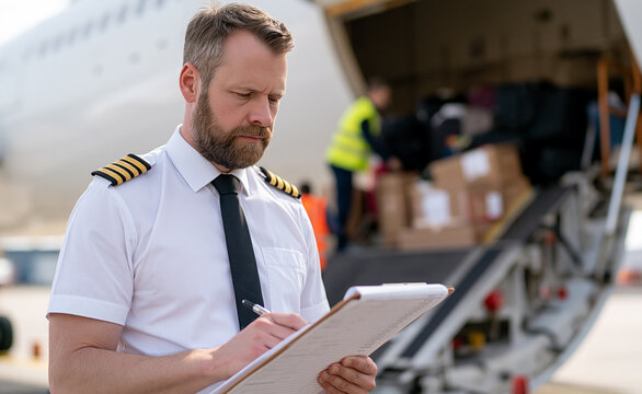 Commercial airline pilot writing on a clipboard during pre-flight check