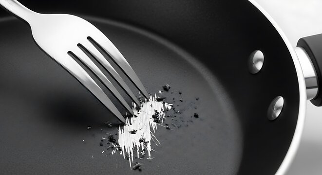 Close up of a fork scraping residue in a non stick frying pan