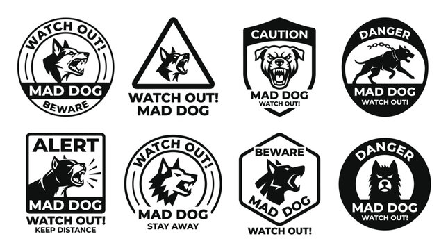 A collection of warning signs featuring aggressive dog illustrations in various shapes and designs.