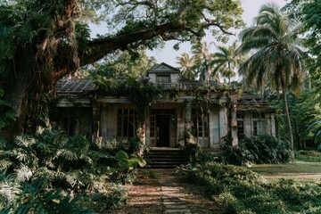 Fototapeta premium Abandoned colonial mansion overgrown with lush jungle foliage in an ancient tropical garden for travel and historical storytelling