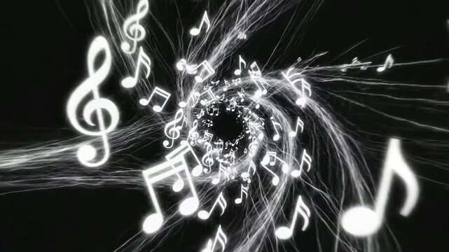 Musical notes swirl around a central point in a black background with white streaks.