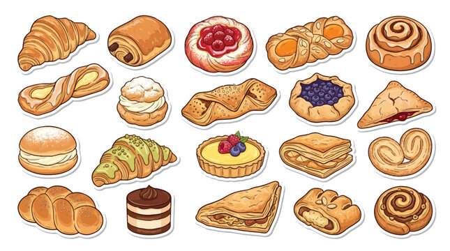 Hand Drawn Pastry Collection Vector Set Isolated on White Background, Artisan Bakery Dessert Sticker Illustration