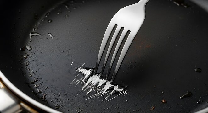 Close up of a fork scratching a black pan surface creating marks