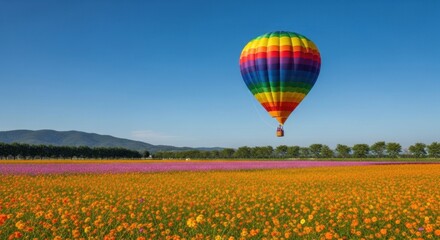 Fototapeta premium A Vibrant Rainbow Hot Air Balloon Soaring Over Colorful Flower Fields Under a Clear Blue Sky