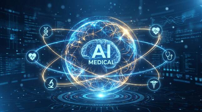 AI medical data network interface displaying glowing digital planet globe with artificial intelligence brain scan and futuristic healthcare nodes on blue circuit background banner