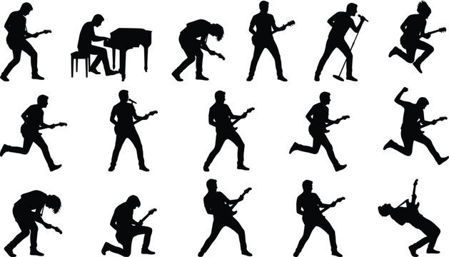 Rock musician silhouette collection with guitar players singer and live concert performance vector illustration set