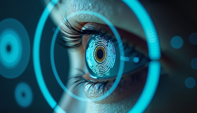 Close-up of a futuristic human eye with digital elements and eye tracking technology