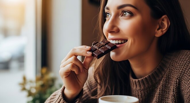 Woman enjoying chocolate indoors with natural light lifestyle concept