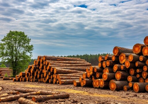 Abundant stacks of raw wood logs await processing in a vast lumber yard under a dramatic cloudy sky