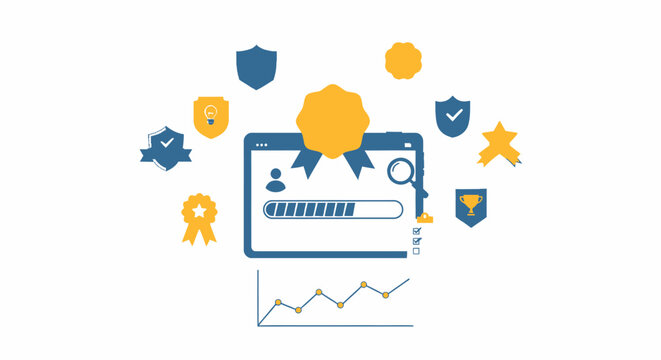 Professional software certification dashboard with progress bar and awards
