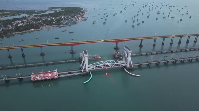 Aerial View of Pamban Bridge and Railway Bridge in Rameswaram Tamil Nadu India