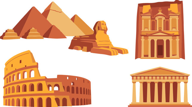 Collection of famous historical landmarks featuring pyramids sphinx petra colosseum and pantheon rendered as a flat style digital vector illustration