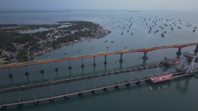 Aerial View of Pamban Bridge and Railway Bridge in Rameswaram Tamil Nadu India