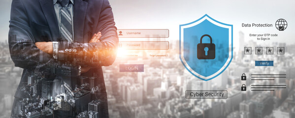 Businessman stands confidently in a suit with cyber security graphics, emphasizing the importance of data protection in a digital world. Gantry © InfiniteFlow