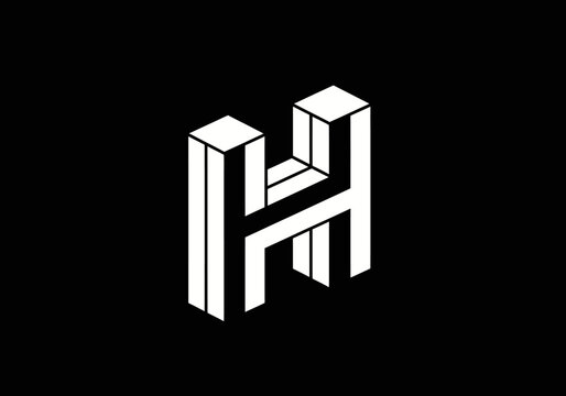 Isometric illustration of a three-dimensional abstract geometric letter "H" with sharp edges and a black background
