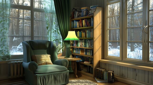 Comfortable green armchair placed in a cozy reading corner with a bookshelf lamp and snowy windows in this tranquil photograph