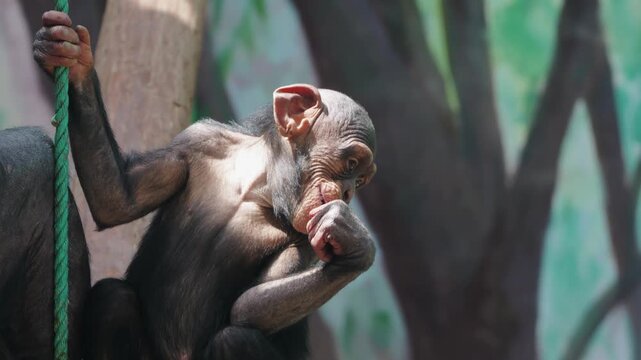 Young chimpanzee sits holding a green rope and enjoys a snack in its sunny habitat during the day