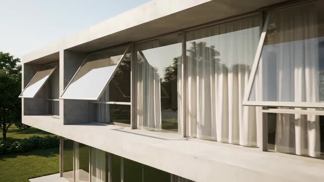 Modern building facade framed by green trees in daylight