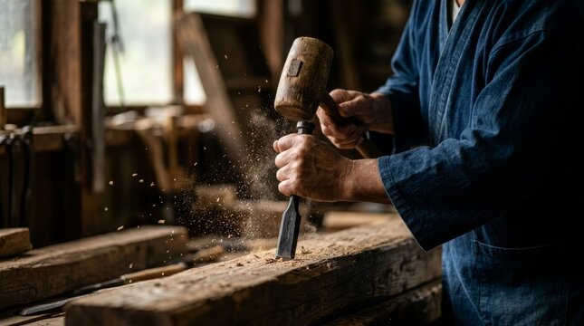 Close up of artisan carpenter using a wooden mallet and chisel to carve wood with flying chips