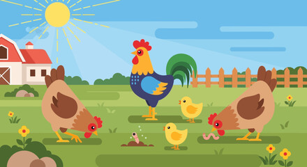 Farmyard Scene: Rooster, Hens, Chicks, Barn, and Sunny Day © Arif