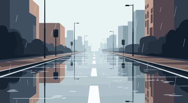Rainy City Street Reflection, Wet Road, Urban Landscape, Modern Architecture, Moody Atmosphere