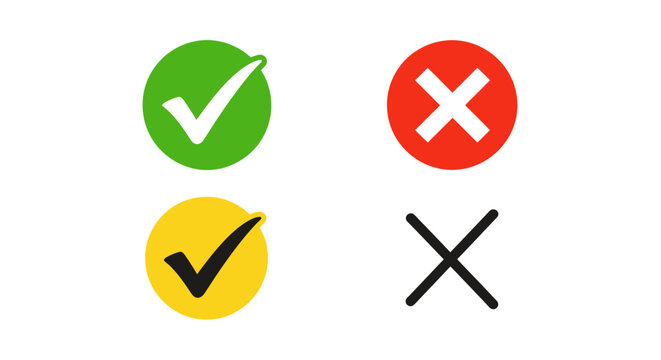 Set of colored circular status icons showing approval and disapproval in green, red, and yellow with check and cross symbols.