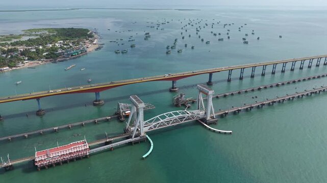 Aerial View of Pamban Bridge and Railway Bridge in Rameswaram Tamil Nadu India