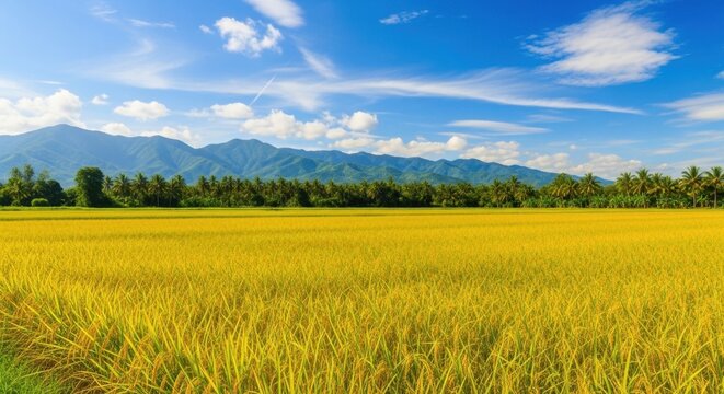 Golden rice field under a bright blue sky with distant mountains