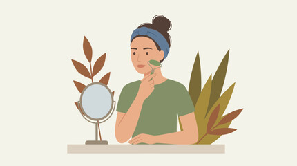 Woman doing facial massage with jade roller © Bima