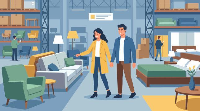 Young couple browsing furniture in large store