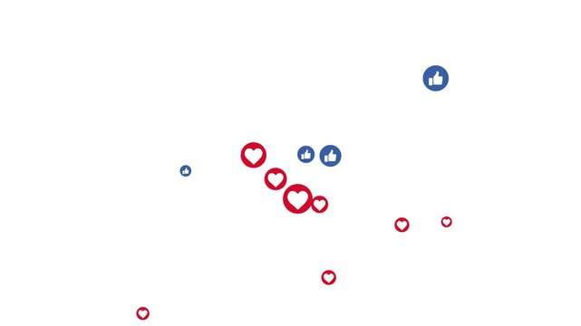 Floating animation Social media symbols like and love icon animation flying moving upwards direction. Live streaming social media hearts and like animated 4k footage